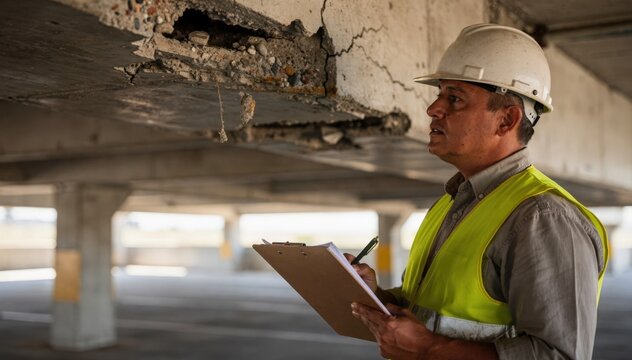 Closeup medium view of an engineer examining spalling on a parking garage slab clipboard visible with daylight softly illuminating the focused cracks.