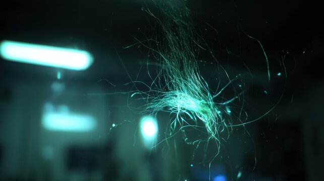 Abstract green illuminated forms floating in a dark environment suggestive of technology