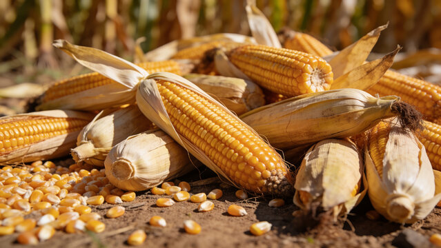 Close-up view of harvested corn cobs and kernels on the ground in a field during daytime