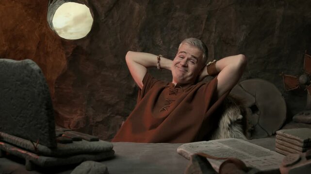 Confident smiling prehistoric businessman sitting at his desk in the office and relaxing with hands behind head, his office supplies and devices are made of stone