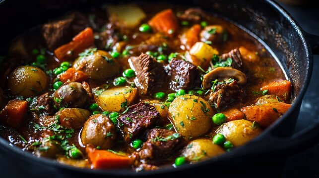 Hearty Irish beef stew, made with potatoes, carrots, mushrooms, and peas, simmers in a rich beer broth.
