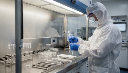 Naklejka premium Technicians perform quality control sampling inside a laminar hood ensuring sterile conditions while collecting product samples for potency and purity analysis in a controlled