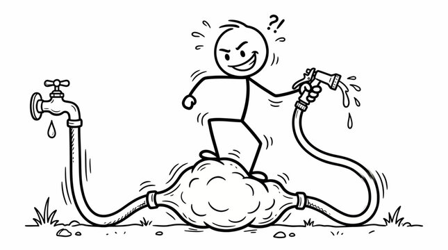 Angry cartoon stick figure man battles a bursting water hose and water waste issue