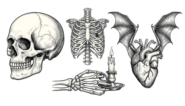 vintage gothic human anatomy elements set with skull rib cage and winged heart on transparent background