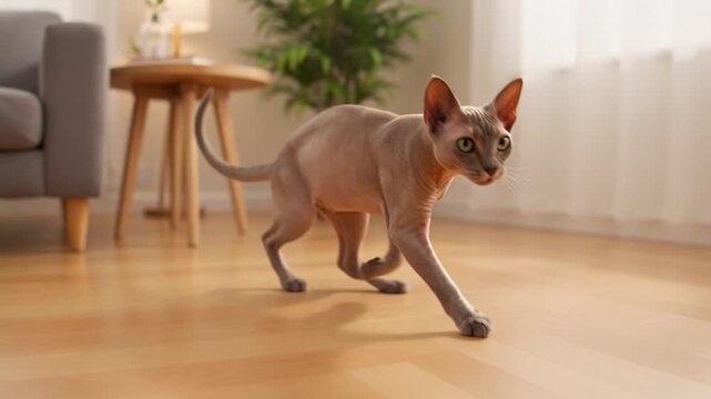 Graceful Sphynx cat in Home: This Sphynx cat struts through the living room, exuding elegance with its sleek, nearly hairless skin, a symbol of domestic elegance.