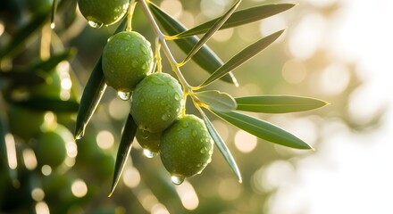 Obraz premium Fresh Green Olives on a Tree Branch with Water Droplets in Soft Golden Sunlight - Mediterranean Organic Agriculture Concept