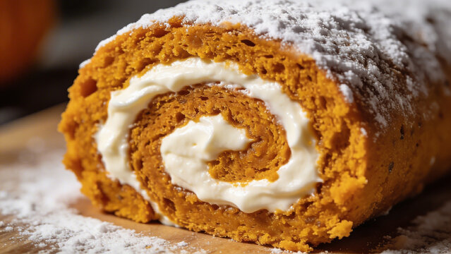 Pumpkin roll dessert with cream filling on wooden table during fall season