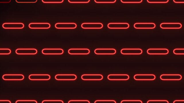 Abstract footage of repeating red neon rounded rectangles on a dark background, glowing light bars in horizontal rows for futuristic tech, nightclub, and banner designs