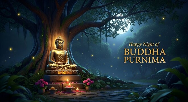 Image is a digital artwork depicting a serene night scene in a lush forest. At the center, a golden statue of Buddha is seated in a meditative pose on a stone pedestal adorned with offerings such as f