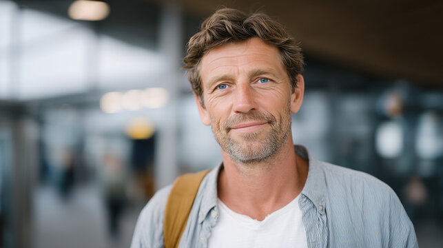 Man in his late forties in airport arrivals holding a sign with no name, just his own name on it, subtle comment on job loss identity, creative documentary concept, solo traveler, white background t