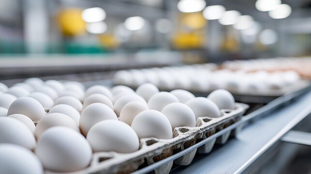 Organized rows of fresh poultry eggs in industrial trays, large-scale egg production and food supply chain concept, modern agricultural business, with copy space