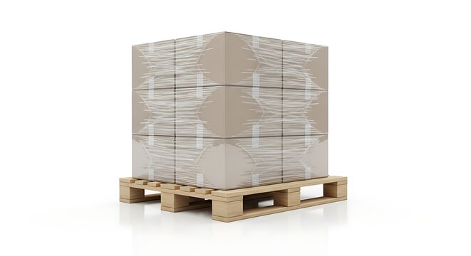 Cardboard boxes on a wooden pallet, wrapped in plastic film, isolated on white background