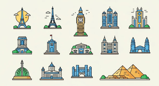 Collection of Famous World Landmarks Buildings Icons.
