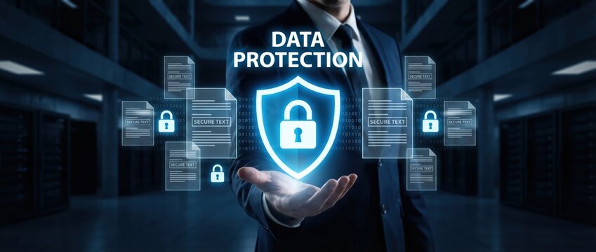 Data protection strategies implemented by businesses in modern technology environments showcasing security measures and digital safeguards from a corporate viewpoint