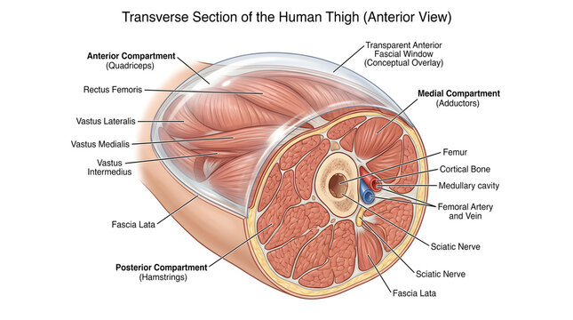 Transverse section of the human thigh (anterior view) beneath a transparent fascia layer showing anterior, medial and posterior muscle compartments, femur, femoral artery and vein, sciatic nerve regio