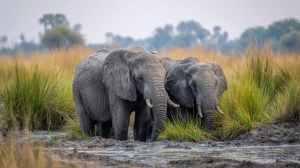 Fototapeta premium Elephants bathe in a muddy pool in Botswana's Moremi game reserve, munching on green grass.