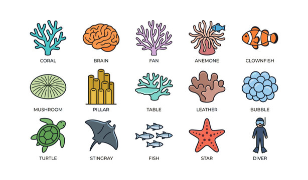 Marine life icons showing corals and sea creatures on white background