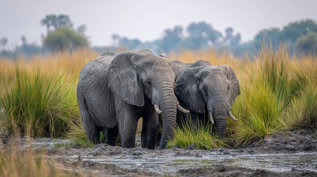 Elephants bathe in a muddy pool in Botswana's Moremi game reserve, munching on green grass.