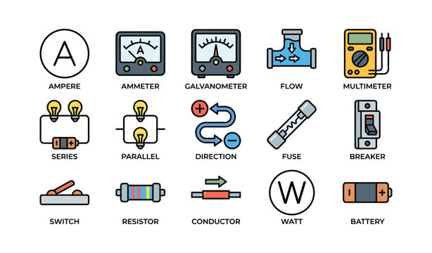 Electrical meters and circuit symbols arranged on white background