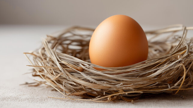 Single organic brown chicken egg nestled in a natural straw nest on a neutral beige background, birth and new beginnings concept, Easter and rustic farm life, with copy space