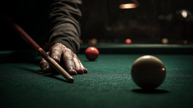 Man holds billiard stick, plays game on green table, flash illuminates scene.