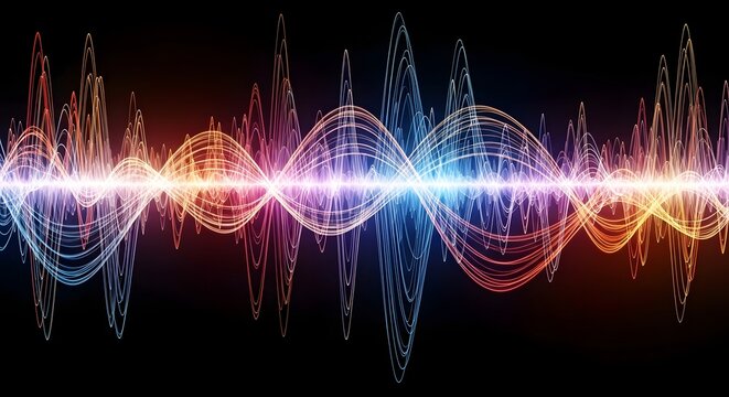 Vibrant sound wave visualization abstract audio spectrum with colorful glowing lines on black background representing music and technology