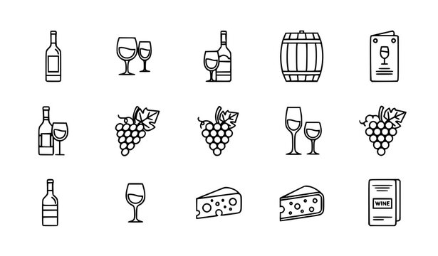 Wine product collection icons set vector thin line bottle glasses barrel grape cheese vineyard pictograms isolated white background