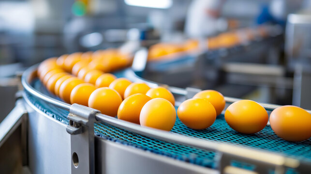 Industrial egg production facility conveyor belt transporting thousands of brown eggs in a commercial poultry processing plant, food manufacturing concept, with copy space