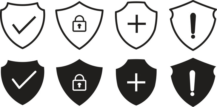 Security shield icon set. Cyber security shield icon set with lock symbols. ector illustration featuring protection symbols, check marks, and lock signs. ideal for safety interfaces, cybersecurity app