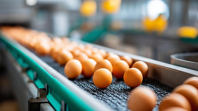 Industrial egg production facility conveyor belt transporting thousands of brown eggs in a commercial poultry processing plant, food manufacturing concept, with copy space