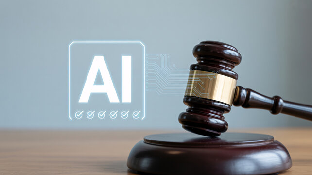 A gavel rests on a sound block with an AI logo in the background.