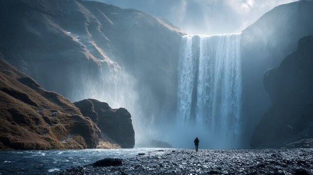 Skogafoss, an Icelandic waterfall, displays its wonders.