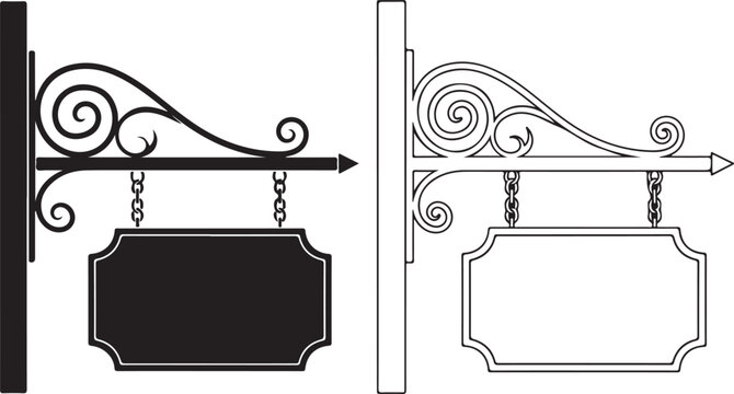 Vintage hanging sign bracket with decorative scrolls and blank wrought iron board for business shop storefront and restaurant signage.