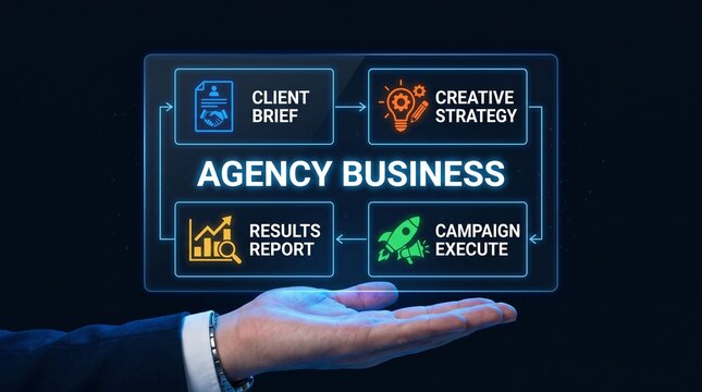 A hand presenting a digital agency business strategy with client brief, creative strategy, results report, and campaign execute.