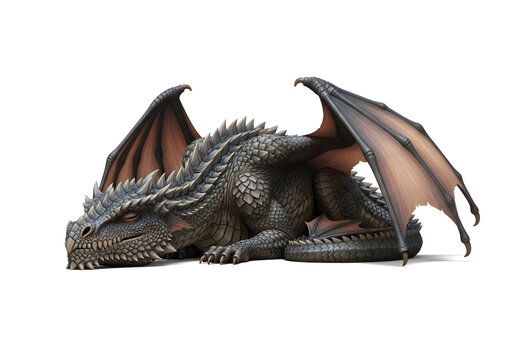 sleeping dragon sculpture with wings spread on white background