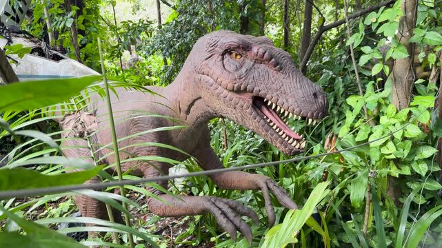 Prehistoric raptor dinosaur model moves mouth and eyes in lush jungle environment.