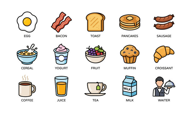 Breakfast food icons showing common dishes and beverages
