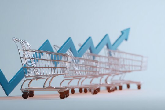 Shopping carts with an upward arrow graph representing inflation and rising prices. Retail sales growth and economic trend concept