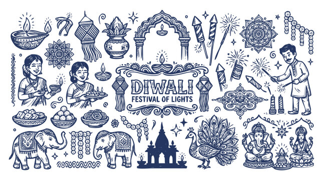 Vintage 1930s Style Happy Diwali Festival of Lights Doodle Set