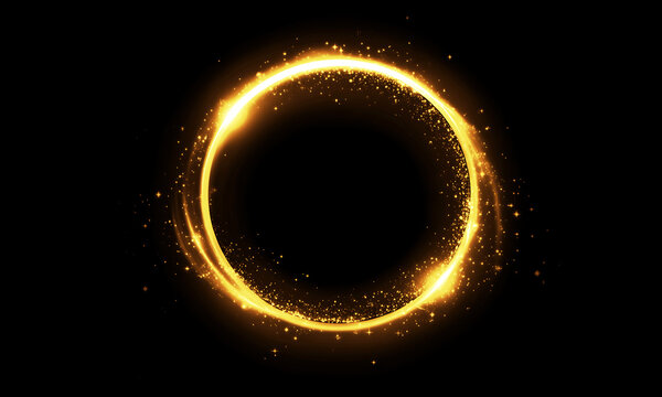A luminous glowing circular ring consists of bright golden light particles that create a brilliant shimmering effect with dynamic circular motion