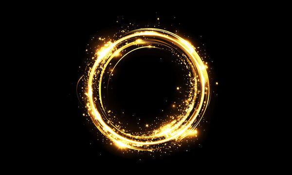 A glowing golden circular light ring features bright swirling sparks and radiant energy particles to create a beautiful magical circular frame