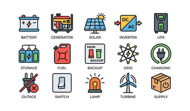 Power and energy system icons arranged in grid on white background