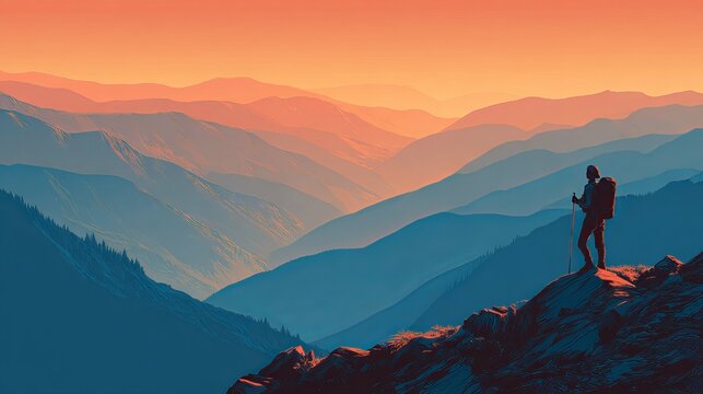 Hiker on mountain peak surveys valley, seeking adventure and discovery.