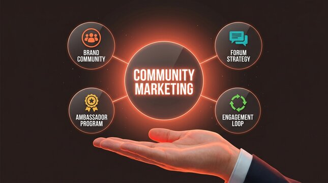 A hand presenting a community marketing strategy with various engagement tools.