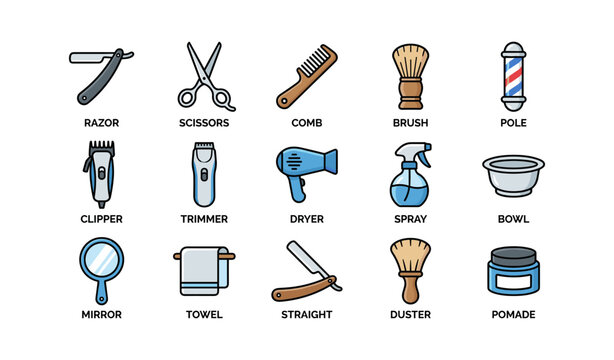 Barber tools and grooming icons arranged on white background