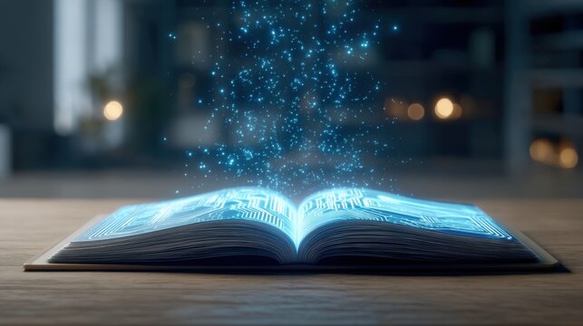 Open Book with Glowing Digital Elements and Sparkling Particles Illustrating Knowledge and Technology in a Modern Setting