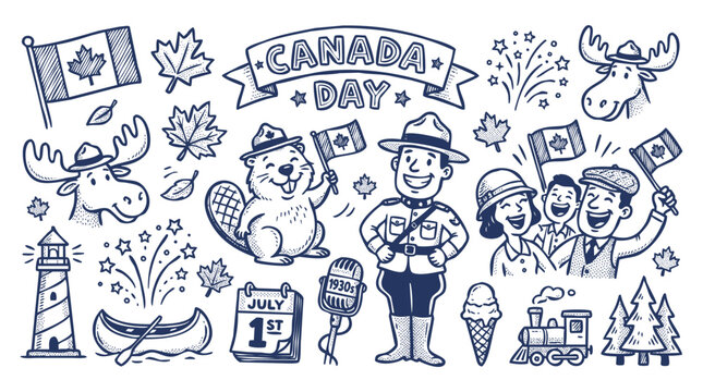 Vintage 1930s Style Canada Day and Canadian Pride Doodle Set
