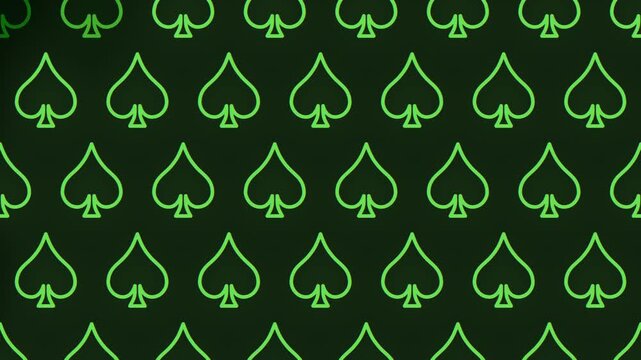 Repeating spade suit icons in neon green outline on a dark background, creating a seamless casino and card game pattern for motion design, overlays, and backgrounds