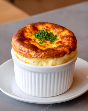A golden-brown cheese souffle topped with chopped herbs, served in a white ramekin on a white plate.