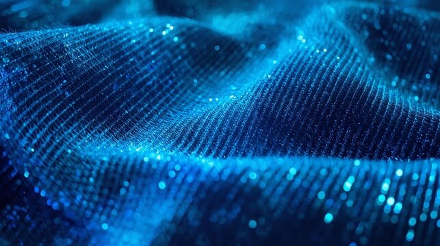 blue glitter fabric texture with shimmering light and bokeh effect